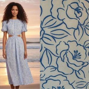 Faithfull the Brand Anthrpologie NWT Midi ALESSANDRIA Dress Blue Floral Cutout 6